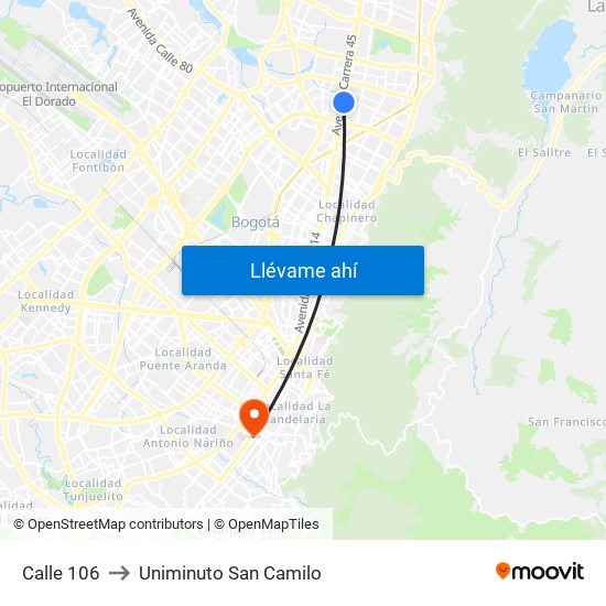 Calle 106 to Uniminuto San Camilo map