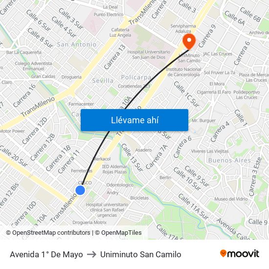 Avenida 1° De Mayo to Uniminuto San Camilo map