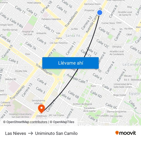 Las Nieves to Uniminuto San Camilo map