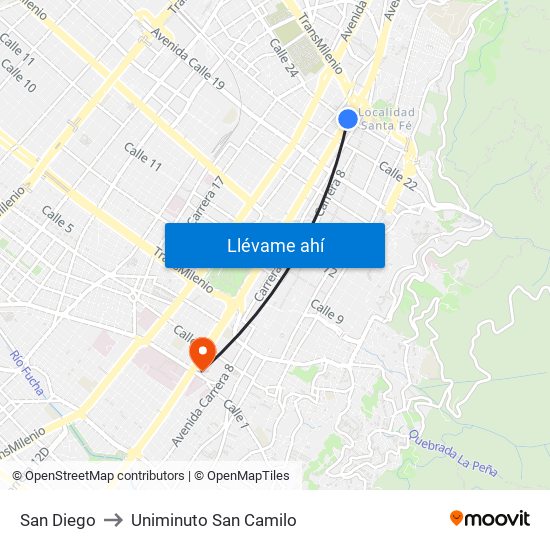 San Diego to Uniminuto San Camilo map