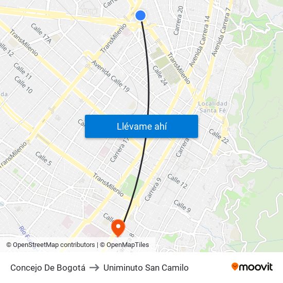 Concejo De Bogotá to Uniminuto San Camilo map