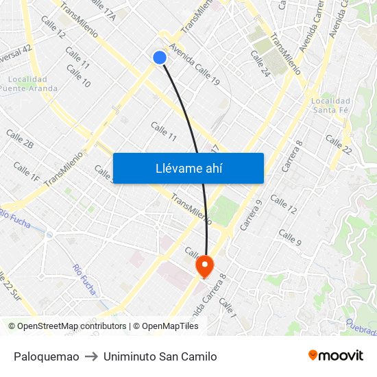 Paloquemao to Uniminuto San Camilo map