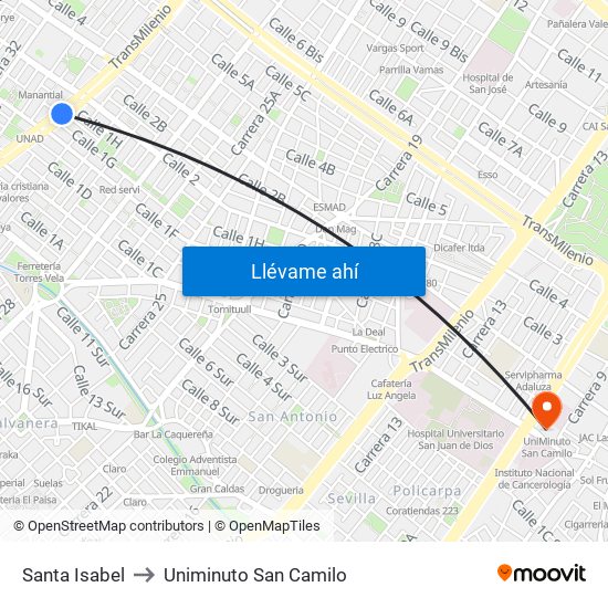 Santa Isabel to Uniminuto San Camilo map