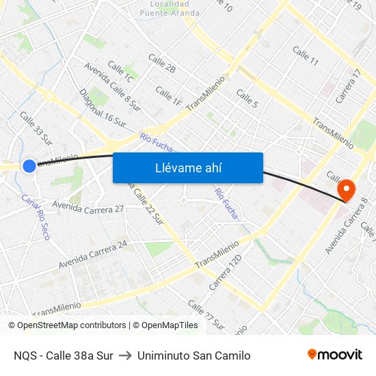 NQS - Calle 38a Sur to Uniminuto San Camilo map
