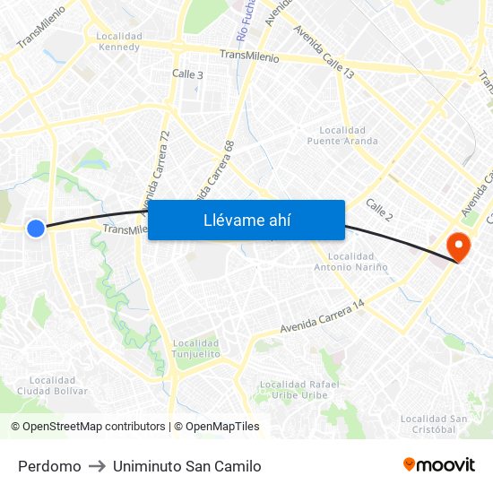Perdomo to Uniminuto San Camilo map