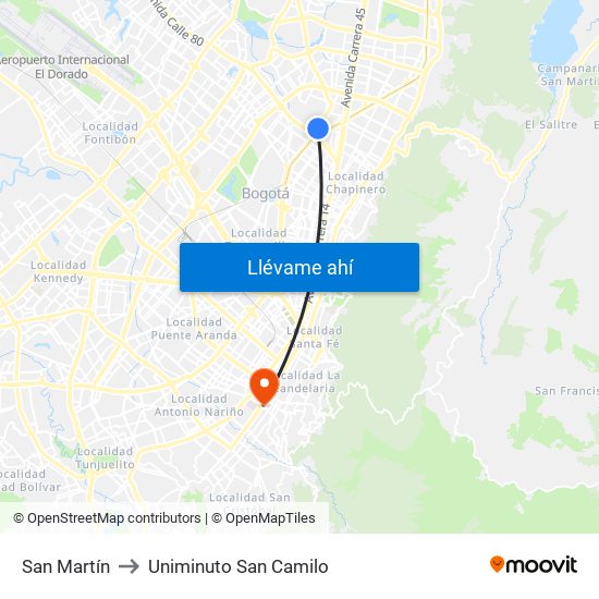 San Martín to Uniminuto San Camilo map