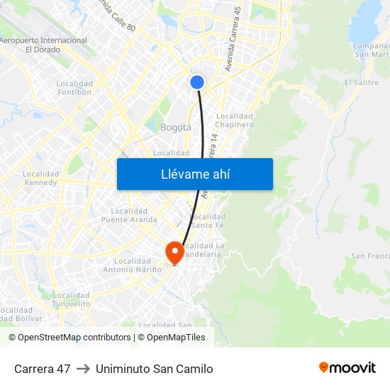 Carrera 47 to Uniminuto San Camilo map