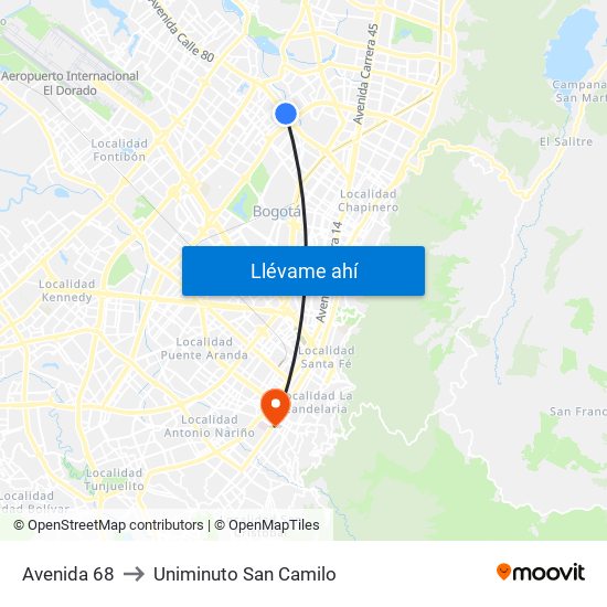 Avenida 68 to Uniminuto San Camilo map