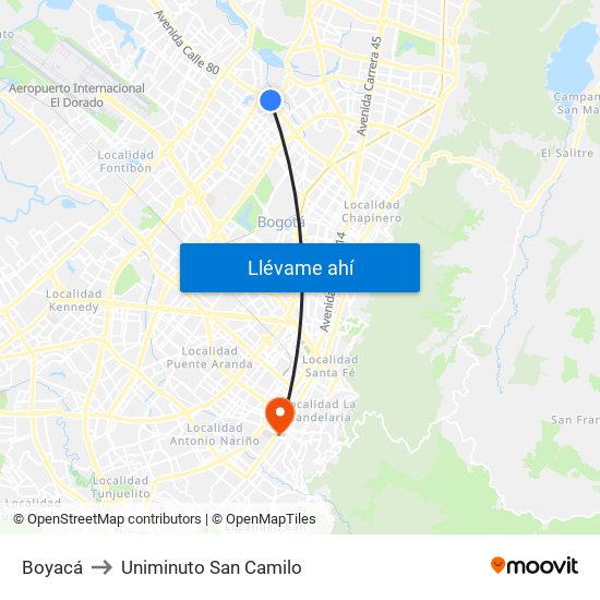 Boyacá to Uniminuto San Camilo map