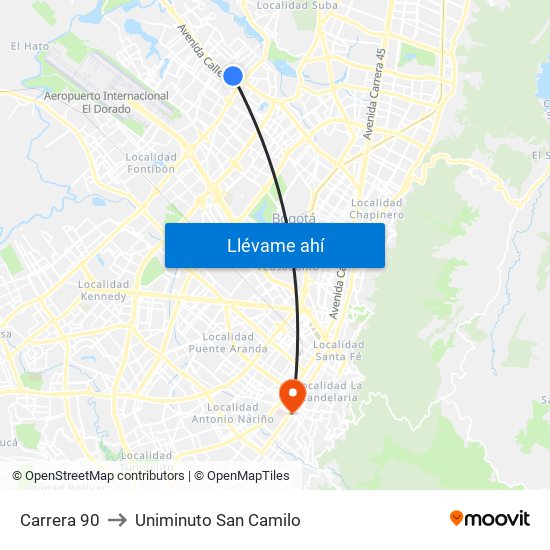 Carrera 90 to Uniminuto San Camilo map