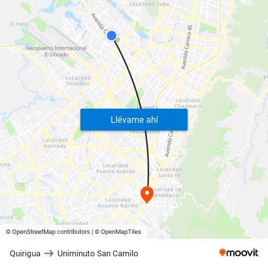 Quirigua to Uniminuto San Camilo map