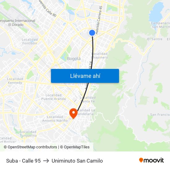Suba - Calle 95 to Uniminuto San Camilo map
