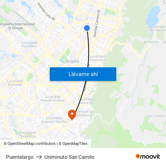 Puentelargo to Uniminuto San Camilo map