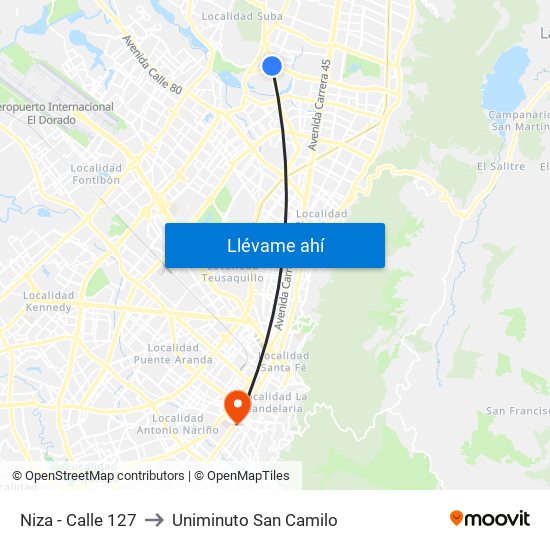 Niza - Calle 127 to Uniminuto San Camilo map