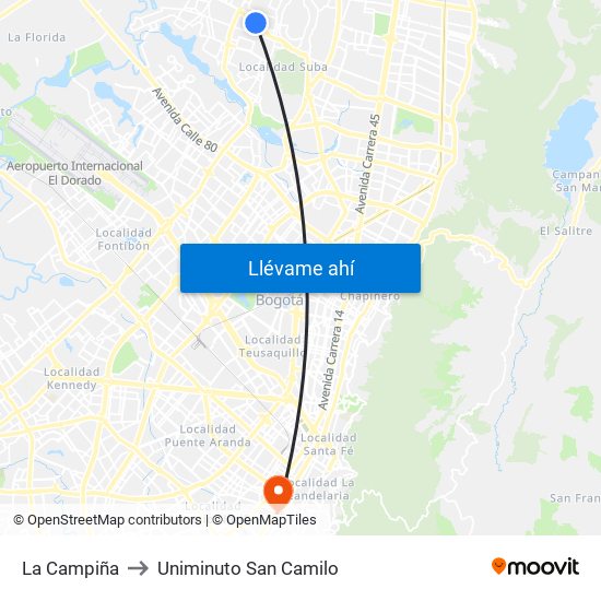 La Campiña to Uniminuto San Camilo map