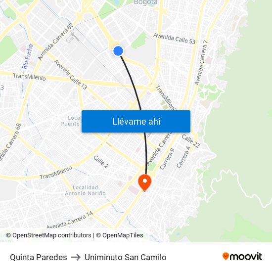 Quinta Paredes to Uniminuto San Camilo map