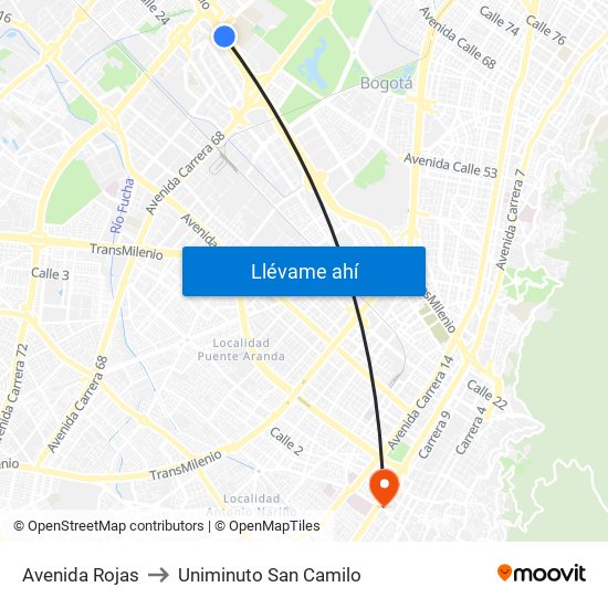 Avenida Rojas to Uniminuto San Camilo map