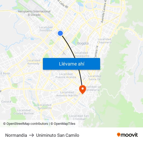 Normandía to Uniminuto San Camilo map