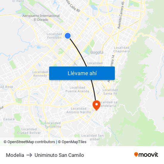 Modelia to Uniminuto San Camilo map