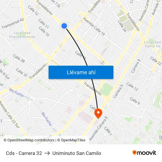 Cds - Carrera 32 to Uniminuto San Camilo map