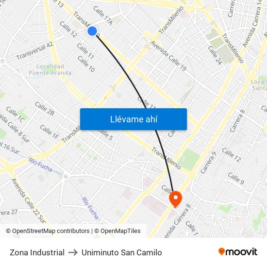 Zona Industrial to Uniminuto San Camilo map