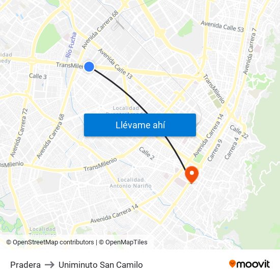 Pradera to Uniminuto San Camilo map