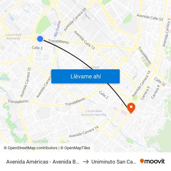 Avenida Américas - Avenida Boyacá to Uniminuto San Camilo map