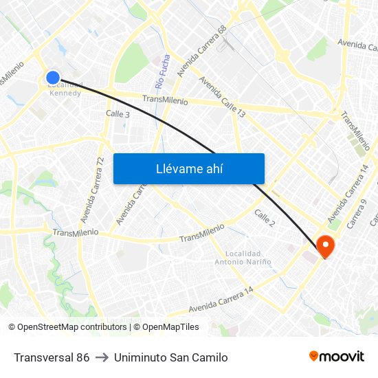 Transversal 86 to Uniminuto San Camilo map