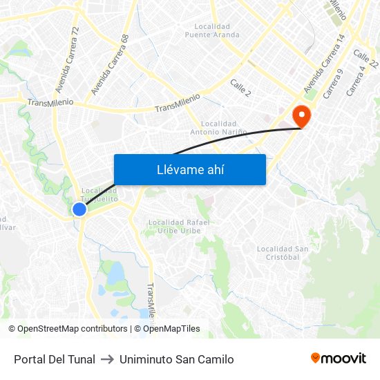 Portal Del Tunal to Uniminuto San Camilo map