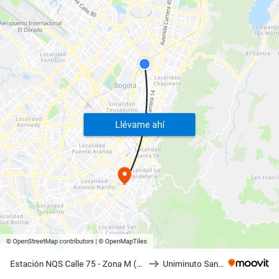 Estación NQS Calle 75 - Zona M (Av. NQS - Cl 75) to Uniminuto San Camilo map