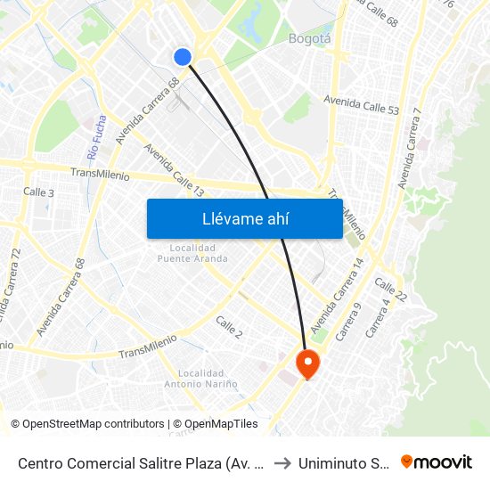 Centro Comercial Salitre Plaza (Av. La Esperanza - Kr 68a) to Uniminuto San Camilo map