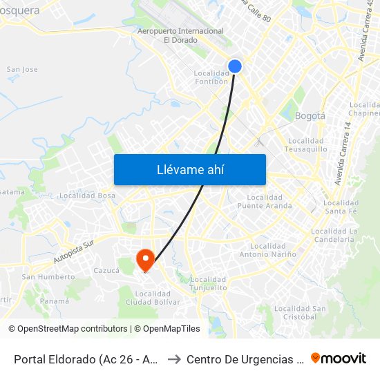 Portal Eldorado (Ac 26 - Av. C. De Cali) to Centro De Urgencias Argenitna map