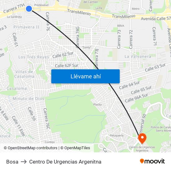 Bosa to Centro De Urgencias Argenitna map