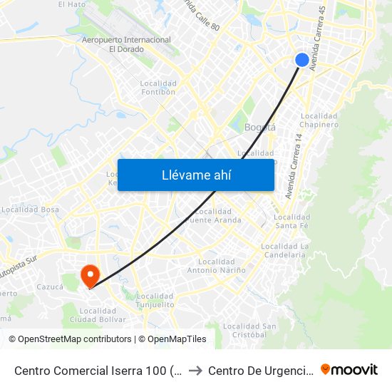 Centro Comercial Iserra 100 (Ac 100 - Kr 54) (B) to Centro De Urgencias Argenitna map