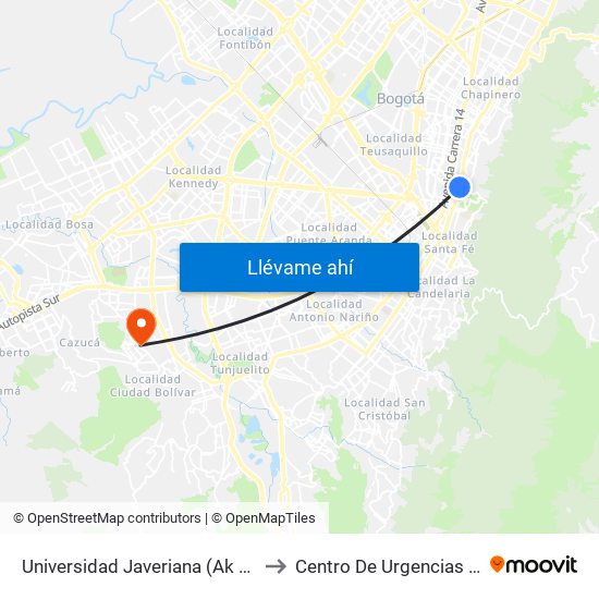 Universidad Javeriana (Ak 7 - Cl 40) (B) to Centro De Urgencias Argenitna map