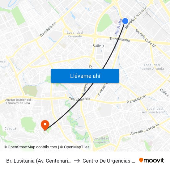 Br. Lusitania (Av. Centenario - Kr 68b) to Centro De Urgencias Argenitna map