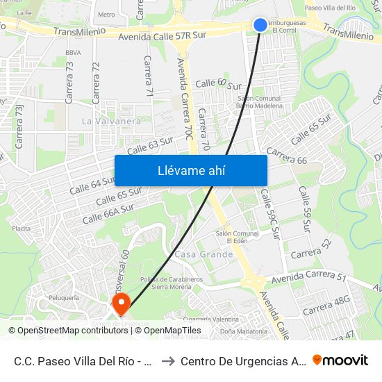 C.C. Paseo Villa Del Río - Madelena to Centro De Urgencias Argenitna map