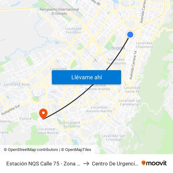Estación NQS Calle 75 - Zona M (Av. NQS - Cl 75) to Centro De Urgencias Argenitna map
