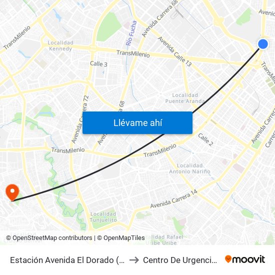 Estación Avenida El Dorado (Av. NQS - Cl 40a) to Centro De Urgencias Argenitna map