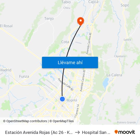 Estación Avenida Rojas (Ac 26 - Kr 69d Bis) (B) to Hospital San Antonio map