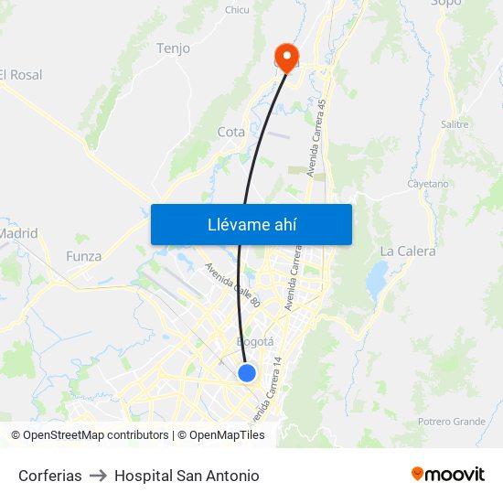 Corferias to Hospital San Antonio map