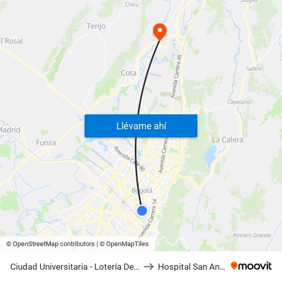 Ciudad Universitaria - Lotería De Bogotá to Hospital San Antonio map