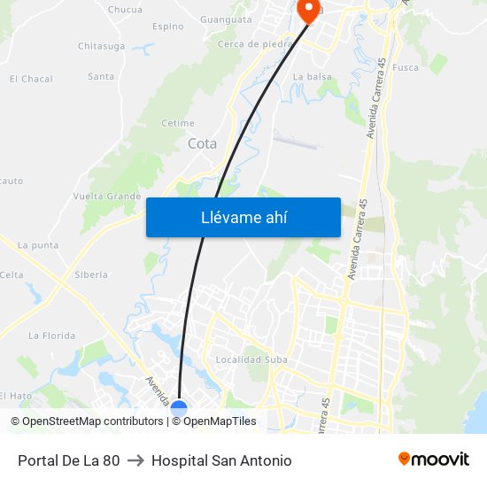 Portal De La 80 to Hospital San Antonio map