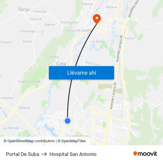 Portal De Suba to Hospital San Antonio map