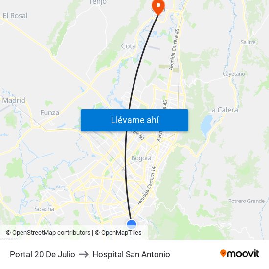 Portal 20 De Julio to Hospital San Antonio map