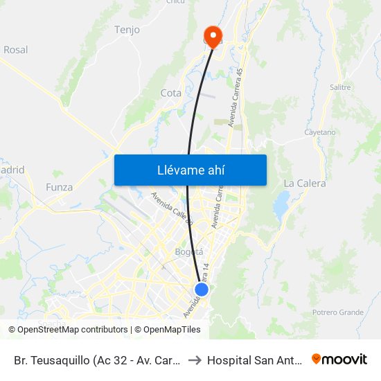 Br. Teusaquillo (Ac 32 - Av. Caracas) to Hospital San Antonio map