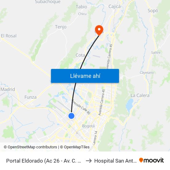 Portal Eldorado (Ac 26 - Av. C. De Cali) to Hospital San Antonio map