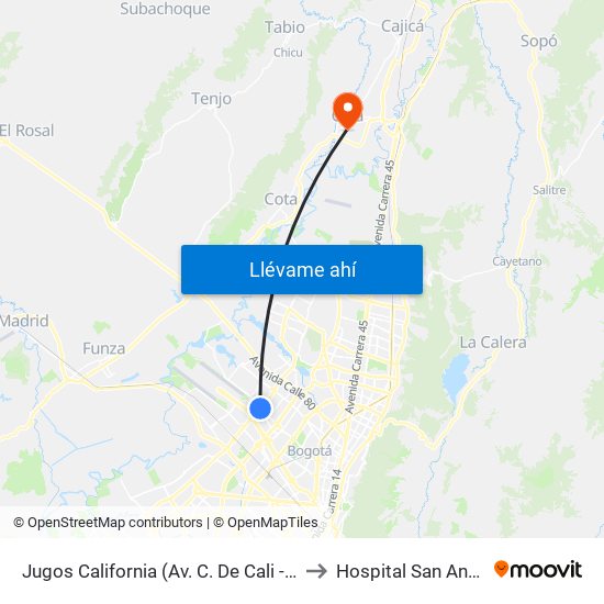 Jugos California (Av. C. De Cali - Ac 63) to Hospital San Antonio map