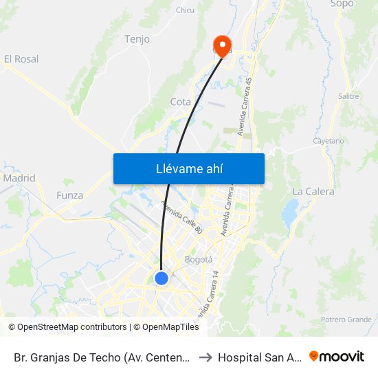 Br. Granjas De Techo (Av. Centenario - Kr 65) to Hospital San Antonio map