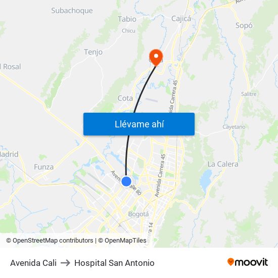 Avenida Cali to Hospital San Antonio map